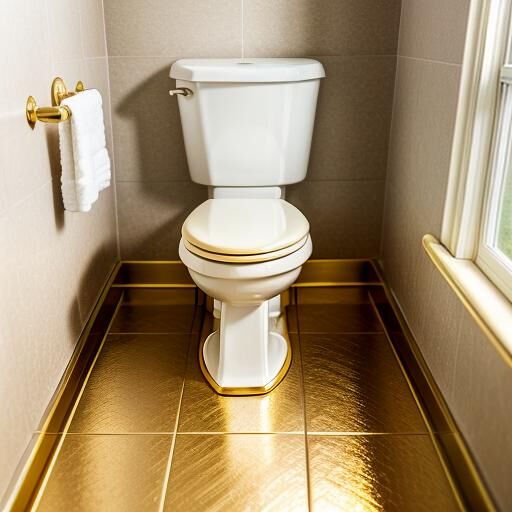 White toilet with golden handles next to a towel rack holding a white towel